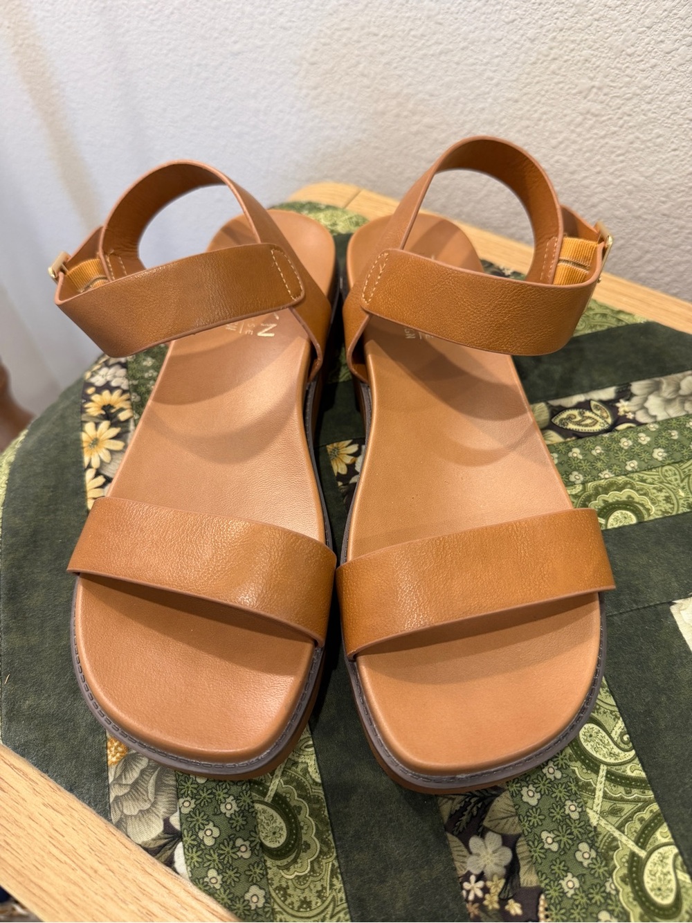 Taryn Rose Cognac Leather Two-Strap Ankle Platform Sandals